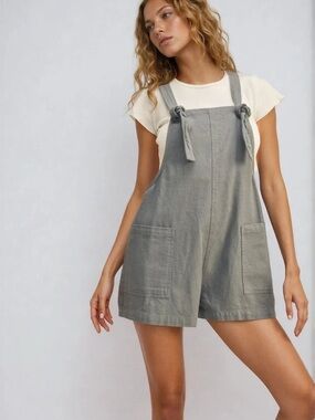 Woven Tie-Strap Short Overalls in Heather Blue Grey